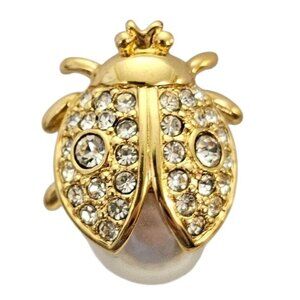 Napier Gold Tone Faux Pearl Clear Rhinestone Bug Pin, Signed